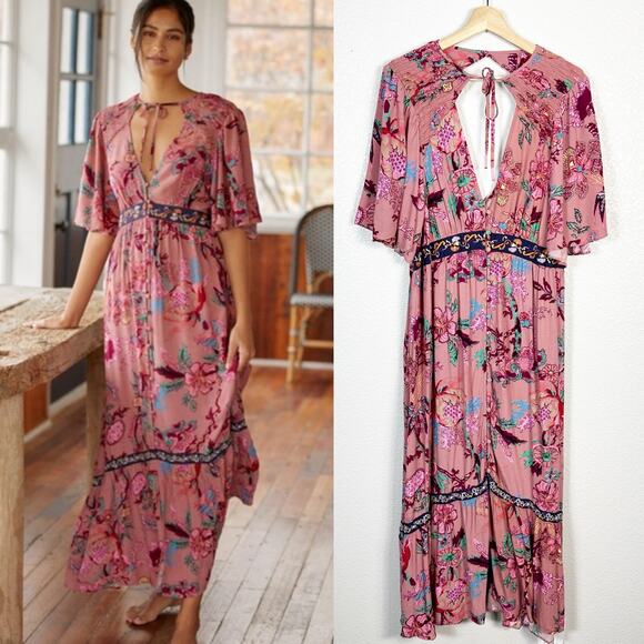 Anthropologie Womens Pink Floral Print Embroidered Boho Maxi Dress Size 1X - Picture 1 of 13